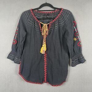 Banjara Tunic Womens XS Gray Embroidered Floral Round Neck 3/4 Sleeve Bohemian